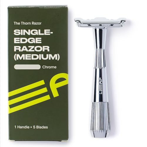 Leaf Thorn Razor by Leaf Shave, All-Metal Single Blade Razor for Men and Women, Fixed Head with Magnetic Load Assist, Includes 5 Stainless Steel Blades - Face Shaving and Coarser Hair - Chrome