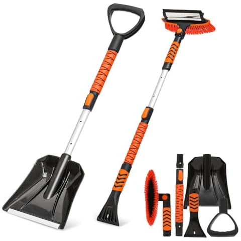 Magshion 4-in-1 Ice Scraper and Brush Combo for Car Emergency Snow Shovel, Extendable Snow Broom with Foam Grip 180° Pivoting Brush Head Snow Scraper for Car, Truck, Van Cover