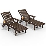 THOEOE Patio Chaise Lounge Chair Set of 2, Oversized Lounge Chair Outdoor with 5 Positions, HDPE, Patio Lounge Chair with Wheels & Cup Holder for Pool, Deck, Poolside,Brown