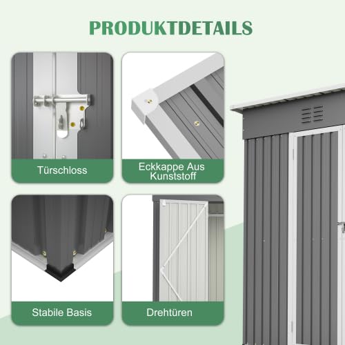 Metall Geräteschuppen 242x126x182 cm – Wetterfester Gartenschrank mit Abschließbare Tür, Schrägdach & Belüftung – Fundamentrahmen für Garten, Terrasse, Fahrrad & Mülltonnenbox (Grau)