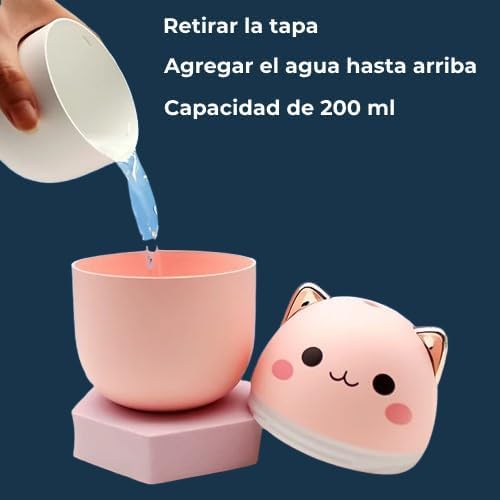 Humidificador Portátil Mini Forma Gato - Difusor de Aceites esenciales para oficina, hogar o escritorio - Alimentación USB, Silencioso y LED suave - 250ml - Rosa