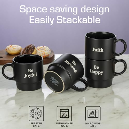 Signature Housewares Stackable Coffee Mug Tower Set with Metal Wire Rack - 15 Ounce Coffee Mugs for Coffee, Tea, Cocoa, Milk, Cappuccino, Hot Chocolate Set of 4 - Be Happy Matte Black by Signature Housewares - Image 4