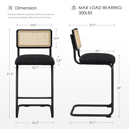Zesthouse Natural Rattan Counter Stools Set of 2, 26'' Mid Century Modern Counter Height Barstools with Solid Wood Back & Cane Mesh, Upholstered Black Boucle Bar Stools for Kitchen Island, Chrome Base - Thumbnail 2
