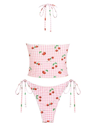 Image of ZAFUL Women's Halter V Neck Plaid Tummy Control Tankini Swimsuits | Plaid Floral Print, Self Tie Back Strap, Tummy Control Tank Top, Tie Side Cheeky Bikini Bottom, 2 Piece Bathing Suit