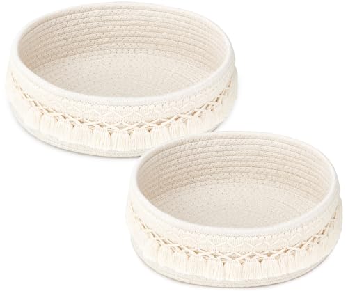 Mkono 2 Pack Macrame Storage Baskets Decorative Woven Cotton Rope Basket for Shelves Countertop Organizer Boho Decor for Organizing Living Room Bedroom Entryway