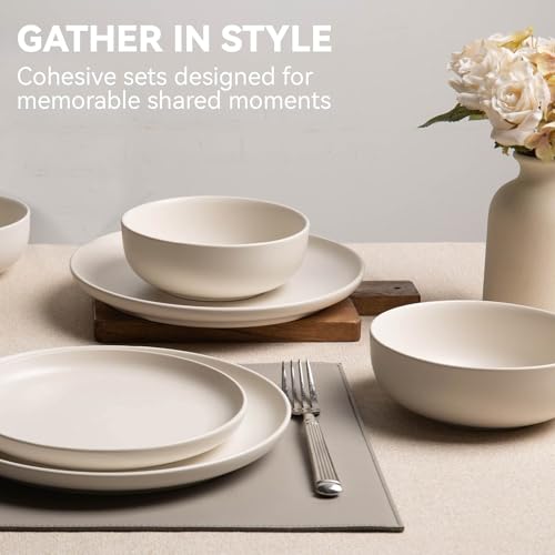 12-Piece Matte White Dinnerware Set,Stoneware Dinnerware for 4, Microwave & Dishwasher Safe, Stackable Design for Kitchen and Dining - Plates and Bowls - Image 6