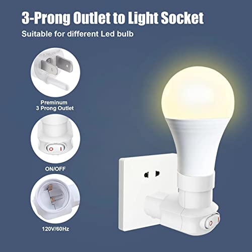 Plug In Light Socket, Outlet To Light Bulb，3-Prong Outlet Socket Adapter, 360° Rotatable Plug With On/Off Switch, Etl Listed, (White) #TOP2