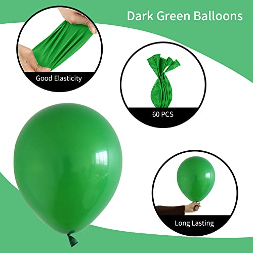Image of Dark Green Latex Balloons 12inch, 62pcs Helium Forest Green Balloons, Party Decorations Supplies or Arch Decor for Birthday, Jungle, with Matching Color Ribbon
