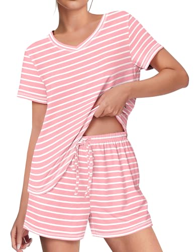 Image of Ekouaer Womens Pajamas Sets Soft 95% Cotton Pjs Short Sleeve Lounge Sets | Comfy Sleepwear Sets with pockets, ideal for Home, Mom, Party, Gifts, Daily Wear