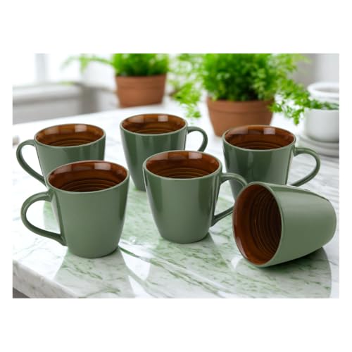 Image of Bodhi House Handcrafted Ceramic Coffee Mug Set of 6 Pieces (350 Ml), Stoneware Tea Cup, Microwave Safe Large Milk Mug, Glossy Finish, Ideal for Daily use, Casual Gatherings and Gifting, Forest Green
