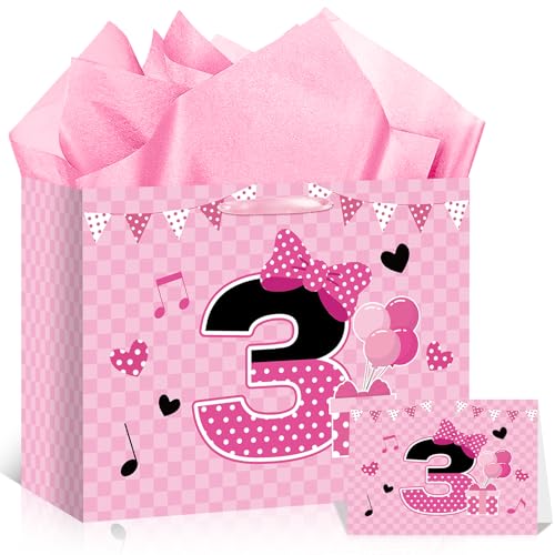 Cartoon Mouse 3rd Birthday Gift Bag Pink Mouse 3rd Birthday Bag with Tissue Paper and Card Pink Plaid Bow Three Years Old Gift Wrapping Paper Bag for Baby Girls Shower Princess 3 Year Old Party Decor