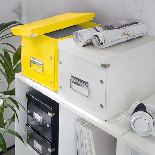 Caja de almacenaje cubo Leitz amarillo con botones de presión y esquinas metálicas 2