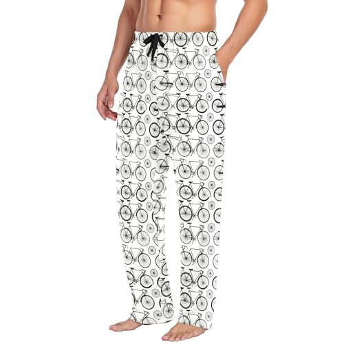 Men's Bicycle Bike Print Pajama Pants with Pockets - Straight Fit Cotton Sleep Bottoms for Lounge & Nightwear#9854