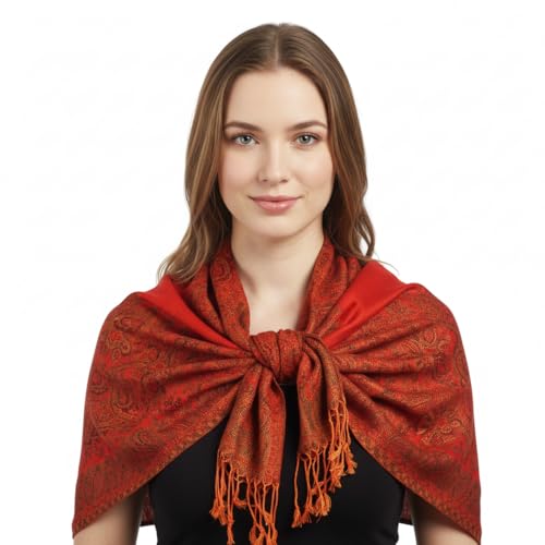Peach Couture Women's Ravishing Reversible Jacquard Paisley Shawl Wrap Pashmina Red Light Gold