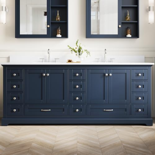 WELLFOR 84 Inch Bathroom Vanity with Double Sinks, Bathroom Freestanding Vanity W/4 Soft-Close Doors and 14 Drawers, Large Storage Space Vanity, Cultured Marble Countertop Vanities (Navy Blue)