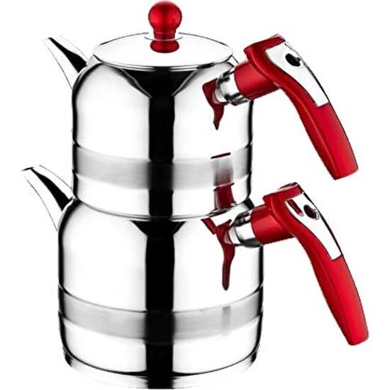 Yagmur Stainless Steel Turkish Teapot Set for Stovetop, 0.65 Quart (0.65L) Tea Pot and 1.27 Quart (1.2L) Tea Boiler, Double Tea Maker with Bakelite Handles, Samovar Style, Mini