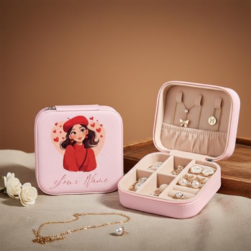 Image of PRIMIT Personalized Jewelry Box with Name & Birth Flower - Custom Travel Jewelry Organizer Case - Bridesmaid, Birthday, Christmas Gift for Women & Girls (Heart Girl)