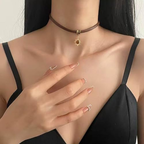 Xmsrn Vintage Sonnenblume Tigerauge Choker Halskette - Braun Wildleder Boho Cord für Frauen