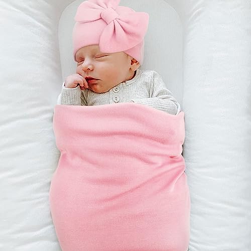 BQUBO Newborn Receiving Blankets Cotton Warm Sleepsack with Mittens & Bow Hats Hospital Baby Swaddling Shower Gift