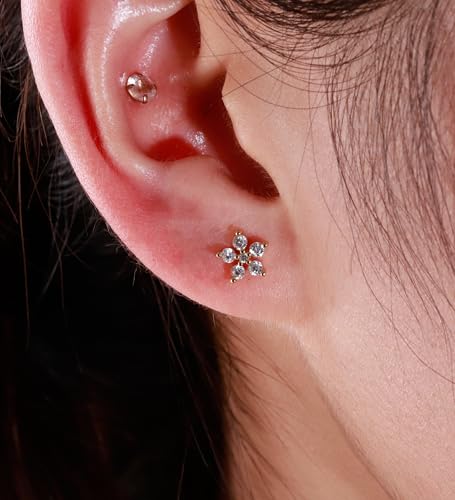 Flat Back Stud Earrings for Girls Women 14K Gold Plated Cartilage Stud Earrings 20G Hypoallergenic Surgical Steel Gold Flower Screw Back Nap Earrings Studs2