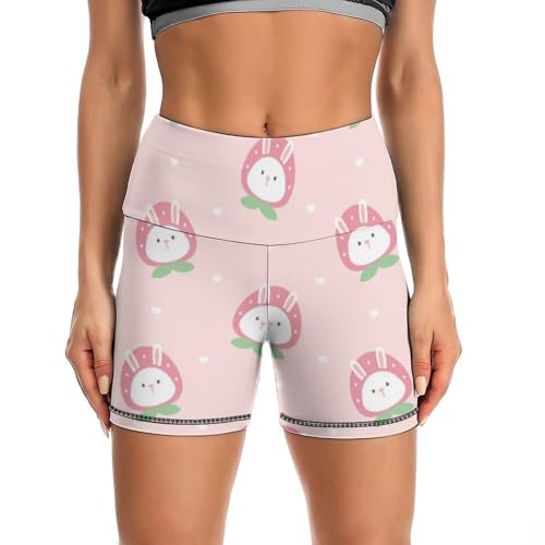 JYYAU Cute Strawberry Bunny Pattern High Waist Yoga Shorts for Women Athletic Shorts Leggings Running Pants