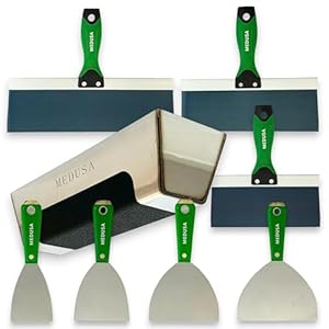 Medusa’s Carbon and Blue Steel Drywall Taping Knife set with Stainless Steel 12″ Mud Pan And Grip: Classic Style Light Handles with Strong Flexible Blades for Professionals and Beginners