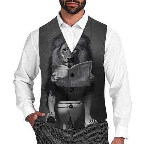 Funny Lion on Toilet Men's Suit Vests Business Formal Dress Vest V-Neck Waistcoat for Wedding Casual