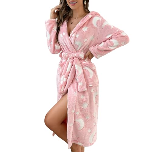 Hiseng Albornoz Mujer Bata Mujer Invierno, Estampados Lindos Batas de Casa de Polar Larga Suave y Grueso con Bolsillos y Cinturón Albornoz de Baño con Capucha Cálido Ideal, Sauna Casa (Estrellas,S)