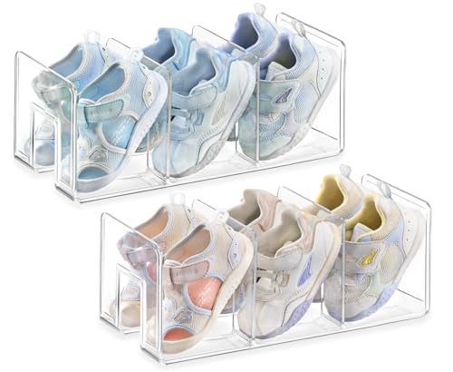 Famyards Widened 4.17 Inch Clear Acrylic Kids Shoe Rack for Closet Organizers and Storage 2 Pack, 3 Sections Small Toddler Baby Shoe Storage Organizer Shelf, Desk File Sorter Book Purse Organizer