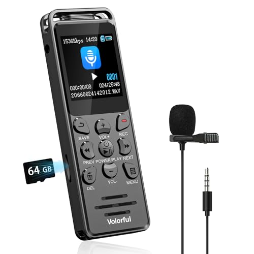 80GB(6000H) Digital Voice Recorder with Playback, Volorful 80H HD Audio Recorder with Al Noise Reduction for Lectures Meetings Interviews, Recording Device with Microphone, Lock, Password