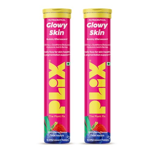 The Plant Fix Plix Glutathione Effervescent Tablets for Clear, Glowing & Youthful Skin | 600mg Glutathione, Vit E & Hyaluronic Acid | No Maltodextrin | Strawberry | Pack of 2