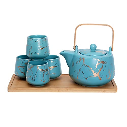 Hinomaru Collection Modern Style Marble Design Porcelain Tea Set 42 fl oz Teapot with Handle and 4 Tea Cups On Wooden Tray Contemporary Tabletop Decor (Turqoise)