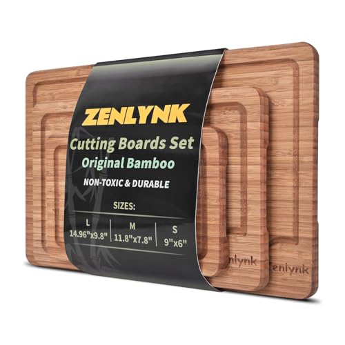Image of Zenlynk Bamboo Cutting Boards for Kitchen, 3 Piece Bamboo Cutting Board Set with Juice Groove & Non-Slip Design, Large Medium Small Wood Cutting Boards for Meat Vegetables Fruits, Housewarming Gift