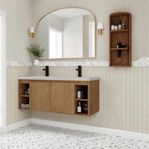 Image of Floating Bathroom Vanity, 48 inch Bathroom Storage Cabinet with Double Resin Sinks, 2 Soft-Close Doors & 4 Open Storage Shelves, Wall-Mounted Vanity with Extra Three-Layer Spacious Shelves, Oak