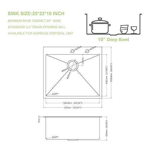 25 Drop In Sink, Lofeyo 25 Inch Kitchen Sink Drop In Stainless Steel 16 Gauge Round Corner Single Bowl Topmount Kitchen Rv Bar Prep Kitchen Sink Basin #TOP4