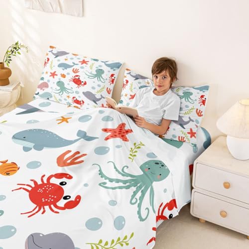 Image of jejeloiu Dolphin Bed Sheets Sets Queen Size Kids Boys Girls Jellyfish Crab Starfish Bedding Set Ocean Bed Sheet Set with 16-Inch Deep Pockets 4Pcs with 2 Pillow Cases