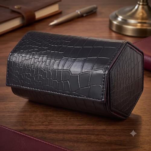 Image of essart Faux Leather Watch Roll Case, Black, 2 Slot
