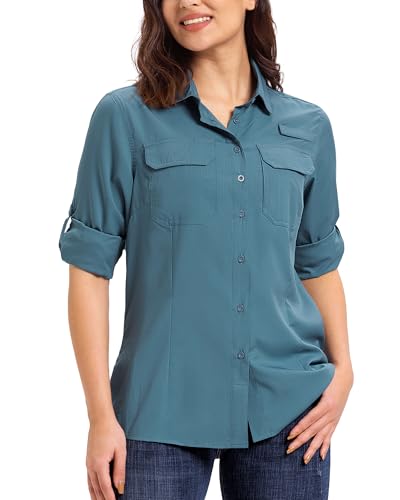 33,000ft Hemdbluse Damen UPF50 UV Schutz Hemd Schnelltrocknende Button-Down Shirts Atmungsaktive Wanderhemd Safari Kleidung für Freizeit Angeln Reisen Blau M