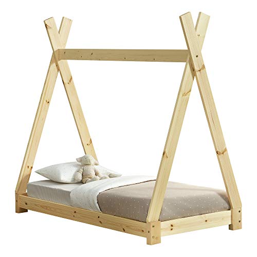 [en.casa] Letto per Cameretta a Forma di Capanna Letto Tipi per Bambini Struttura in Legno di Pino in Stile Montessori 70 x 140 cm Naturale