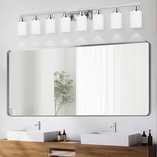 Image of 8-Light Bathroom Light Fixtures Brushed Nickel Vanity Light 52in