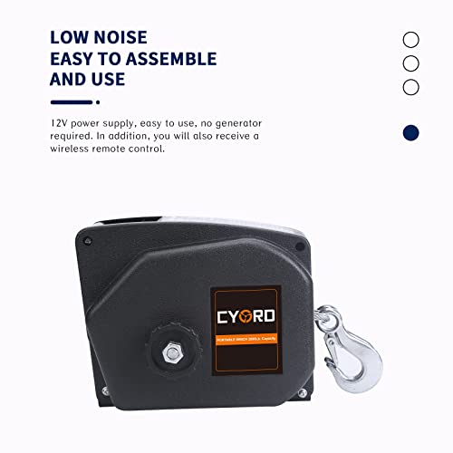 Cygrd Portable Trailer Winch, Reversible Electric Winch 12V DC, Power-in, Power-out and Freewheel Operations for Boats 2000 lbs with Wireless Remote Control and Hand Crank