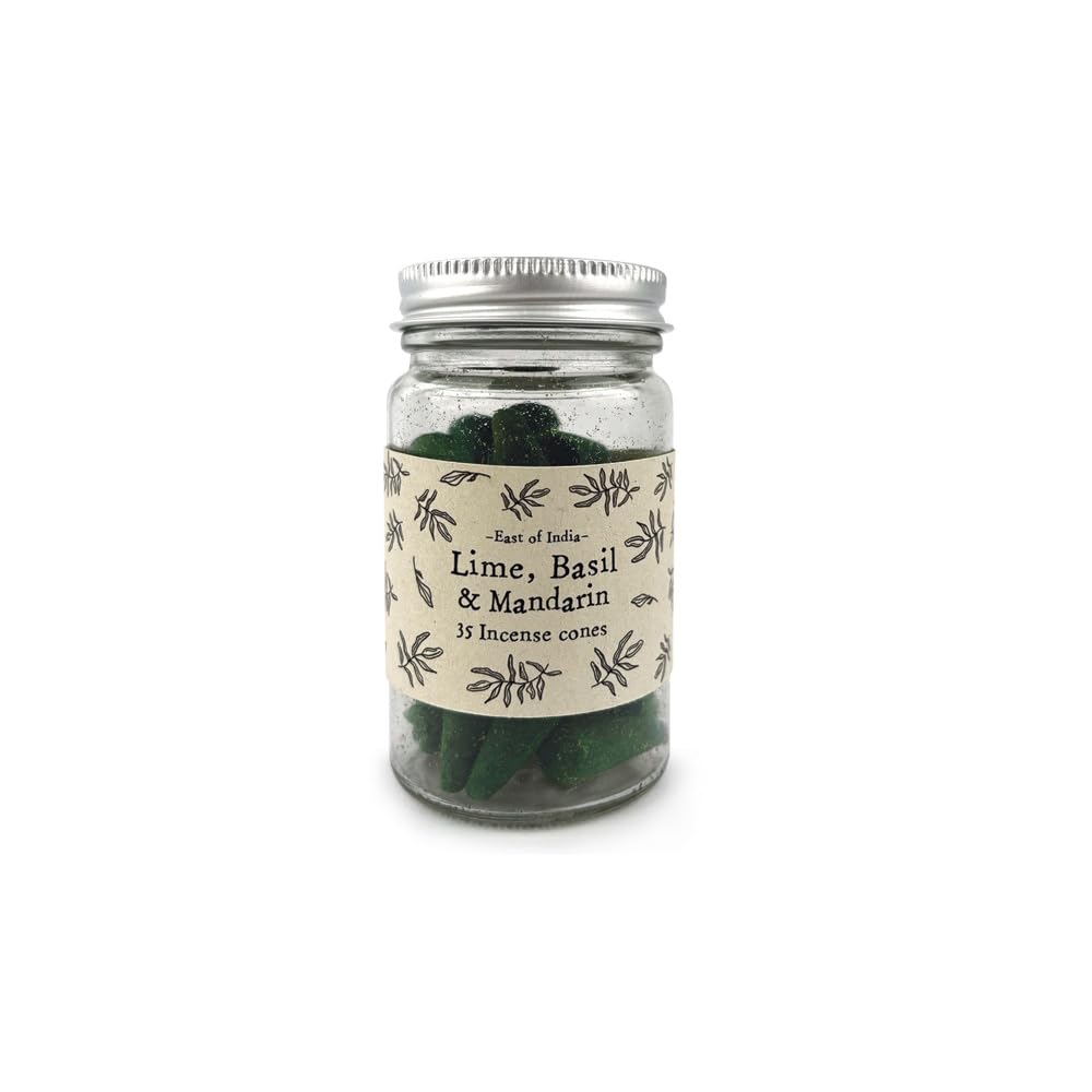 East of India Jar of Incense Cones Lime, Basil & Mandarin Scent (35 Pack) Fragrance For Relaxation Meditation Home and House Décor Aromatherapy