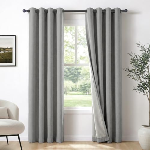 Image of 100% Blackout Shield Curtains, Grey, 2 Panels, 50''W x 108''L, Linen Textured Look, Thermal Insulated, Full Light Blackout, Grommet Top, Ideal for Living Room | 100% Blackout Shield Grommet Blackout Curtains for Bedroom, Thermal Insulated Drapes for Living Room, 50 inchW x 108 inchL, 2 Panels