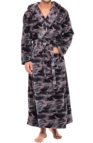 Alexander Del Rossa Mens Robe, Plush Fleece Hooded Bathrobe Men, Big and Tall Robe Black Gray Camouflage XL (A0125ACSXL)