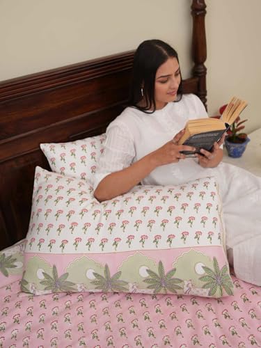 Image of Pichwai Premium Hand Block Printed Bedsheet | Bed Sheet Flatsheet | Pure Cotton | Double Bed King Size 108 inchx108 inch | 300 TC Bedsheets | Includes 2 Pillow Covers | Tree Spread