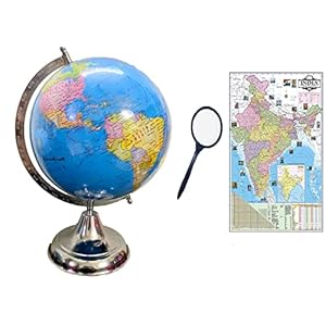 GeoKraft Educational 13 inch Height ,10 inch diameter Chrome finish Educational Globe with Magnifying glass and India Political Wall Chart (70 x100cm) World Globe Office Decor Gift Item Show Piece Home Decor