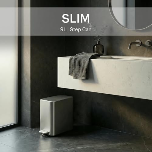 Image of simplehuman Slim Step Can, 9L / 2.4 Gallon Primary Bathroom Trash Can, Liner Pocket, Sleek Internal Hinge, 150,000-Step All-Steel Pedal, Lid Shox Silent Close, Brushed Stainless Steel