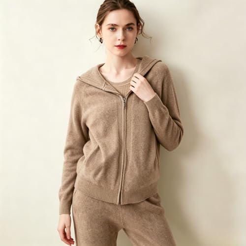 Image of Women's Fall and Winter 100% Cashmere Zipper Open Long Sleeve Hoodie