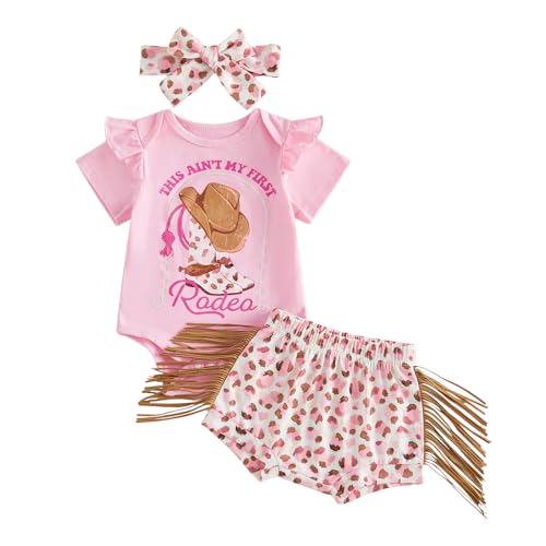 Madjtlqy Western Baby Girl Summer Clothes My 1st Rodeo Short Sleeve Romper Shorts Headband Set Cute Infant Cowgirl Outfits (Pink 2 12-18 Months)