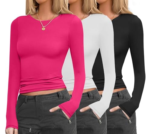 Image of Ekouaer Womens 3 Pack Long Sleeve Shirts Fitted Tops Base Layering Tight Thermal Undershirts XS-XXL